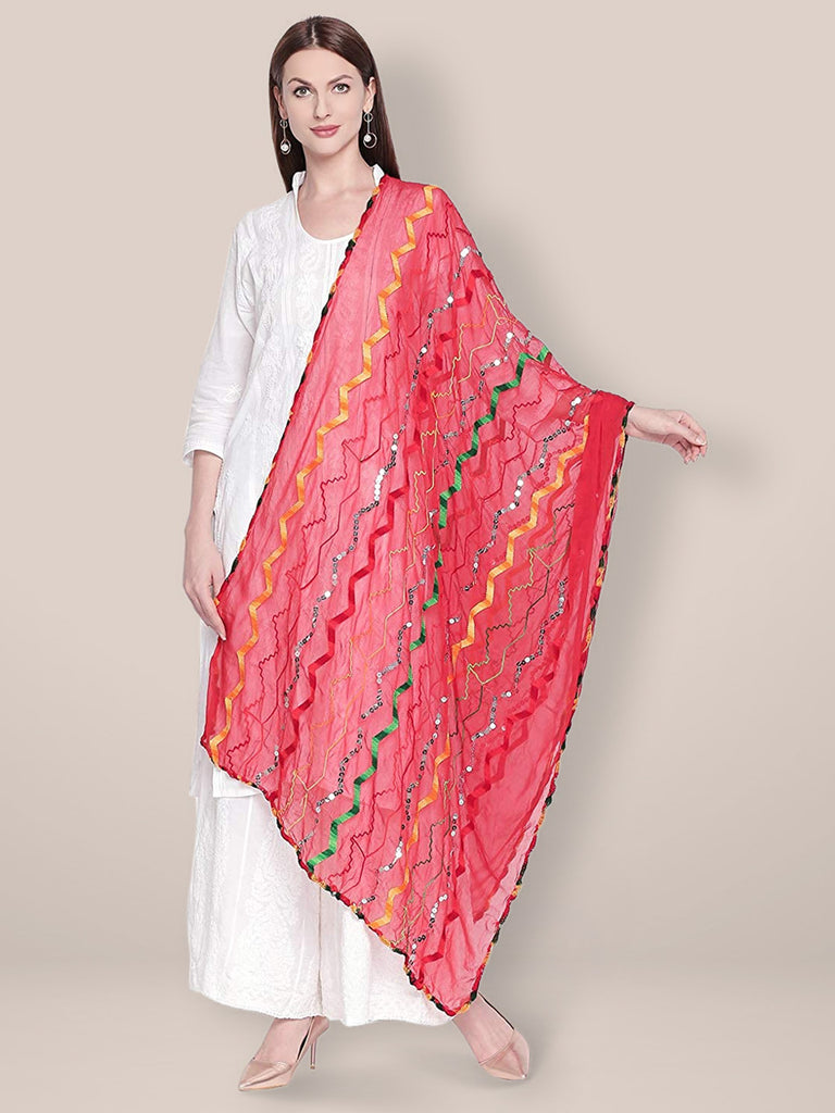 Red & Multicoloured Embroidered Chiffon Dupatta freeshipping - Dupatta Bazaar