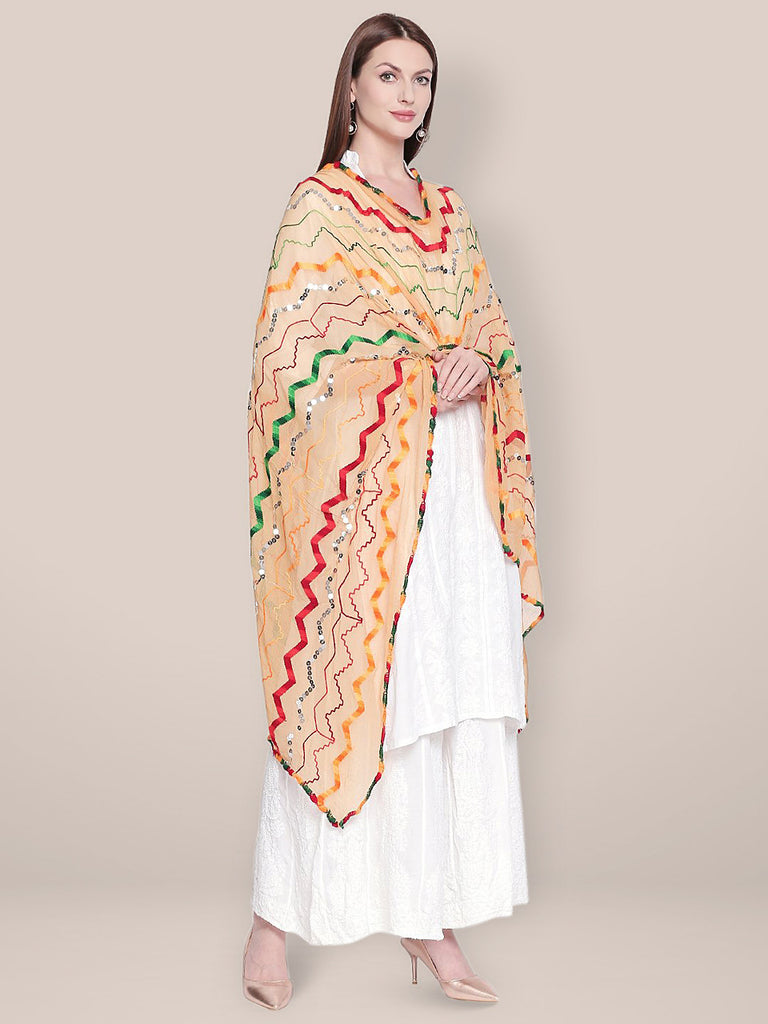 Beige & Multicoloured Embroidered Chiffon Dupatta freeshipping - Dupatta Bazaar