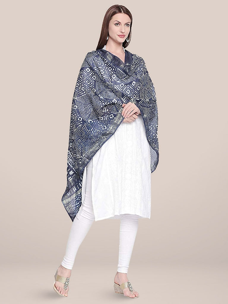 Block Printed Indigo Chanderi Silk Dupatta freeshipping - Dupatta Bazaar