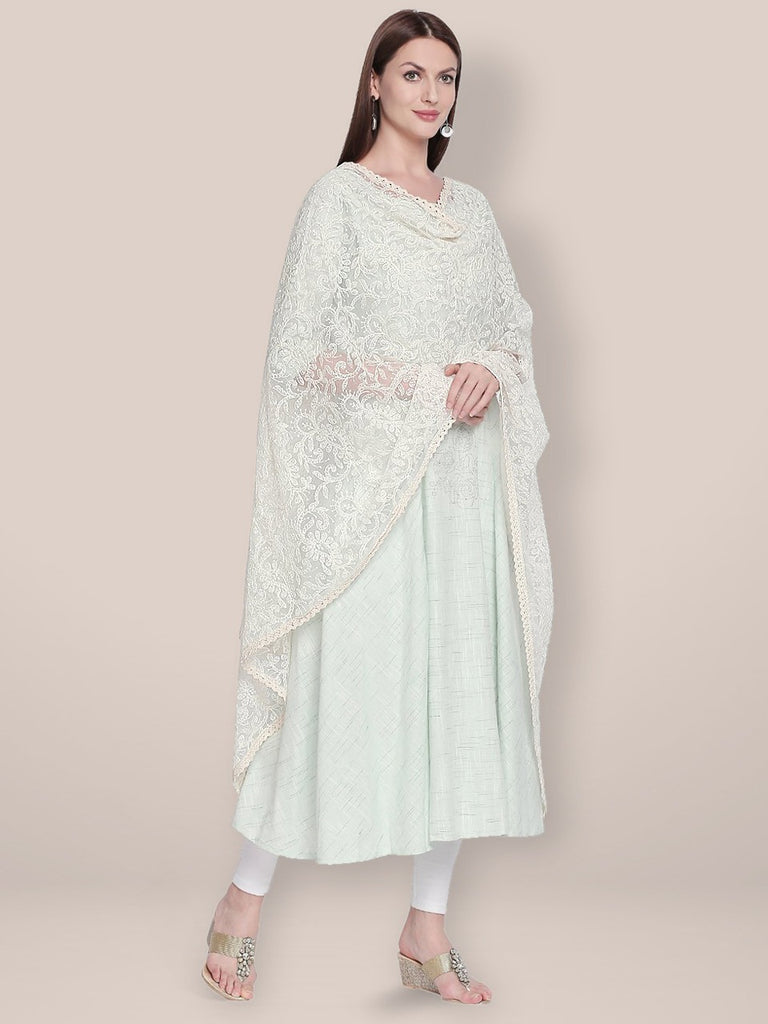 Lucknowi Embroidered Off White Net Dupatta freeshipping - Dupatta Bazaar