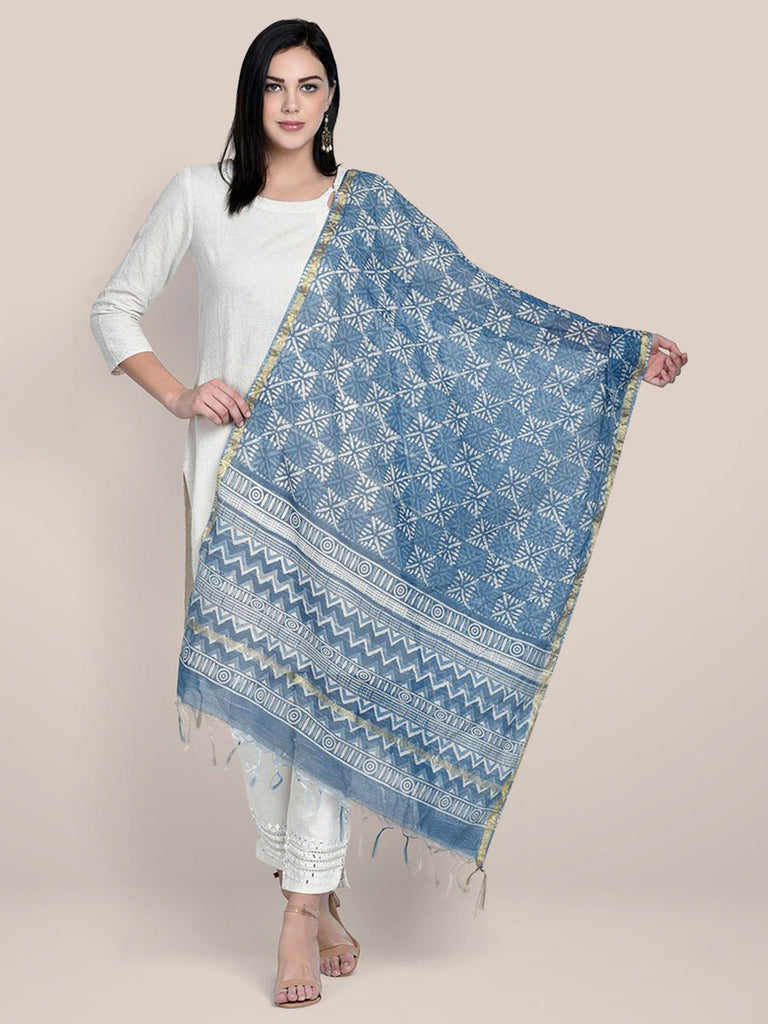 Indigo Block Printed Chanderi Silk Dupatta freeshipping - Dupatta Bazaar