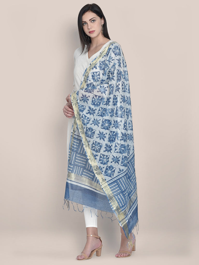 Indigo Block Printed Chanderi Silk Dupatta freeshipping - Dupatta Bazaar