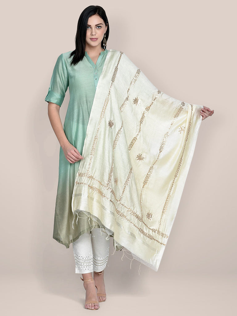 Dupatta Bazaar Woman's Off White Cotton Silk Dupatta with Gotta Patti Work. freeshipping - Dupatta Bazaar