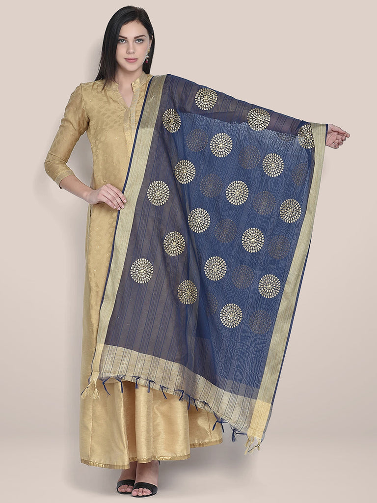 Dupatta Bazaar Woman's Embroidered Blue & Gold Blended Silk dupatta freeshipping - Dupatta Bazaar