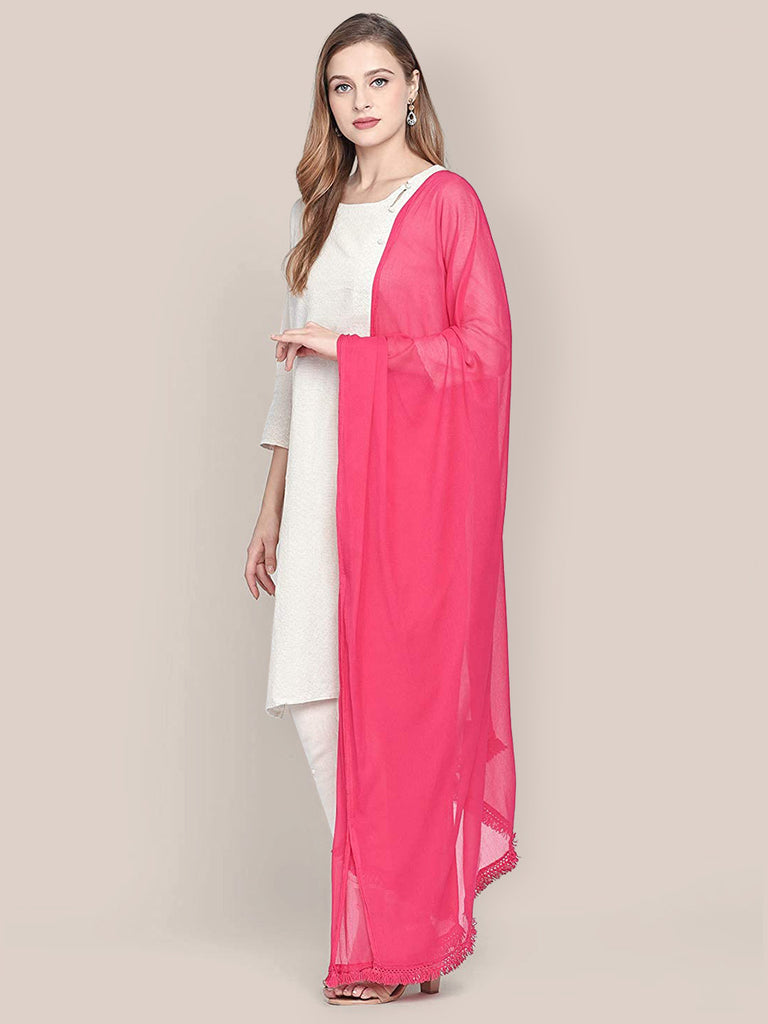 DUPATTA BAZAAR Chunni In Chiffon Ricamato Per Donna – Stola Morbida Con Ricamo Aari Floreale E Bordo In Pizzo, Dimensioni 248x106 Cm, Bianco