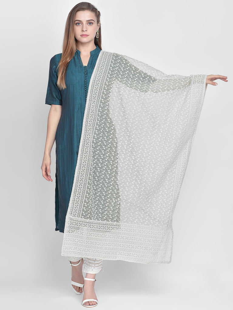 Dupatta Bazaar Woman's Light Green Cotton Dupatta With Embroidery all over. - Dupatta Bazaar