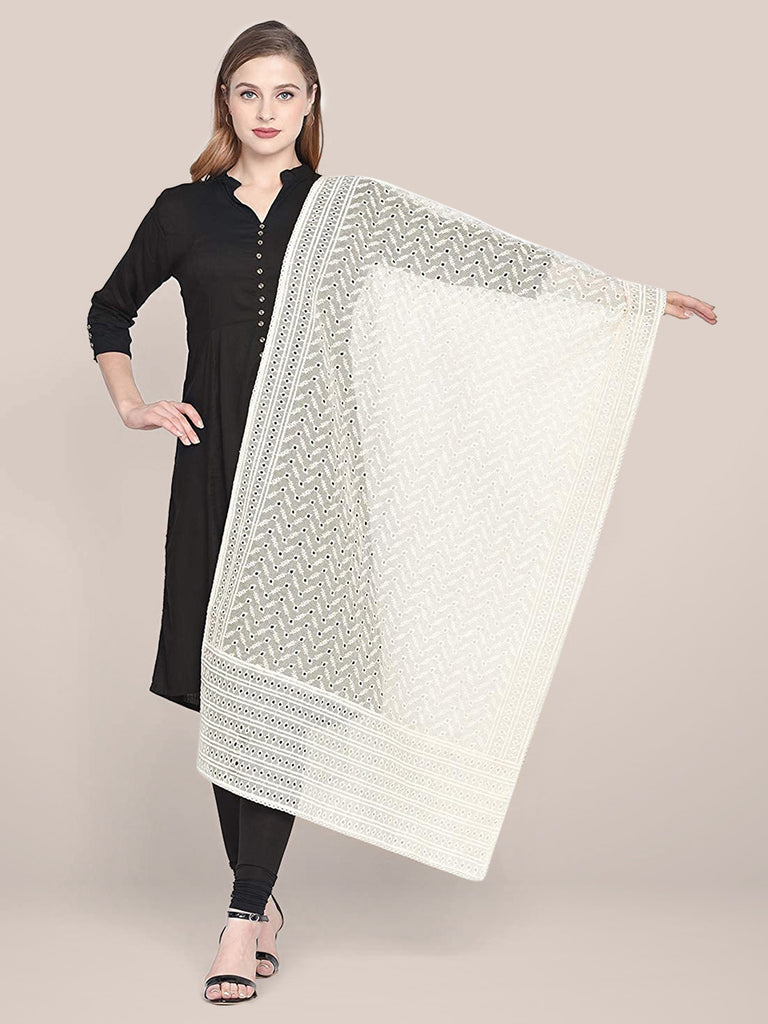 Off White Cotton Dupatta With Embroidery freeshipping - Dupatta Bazaar