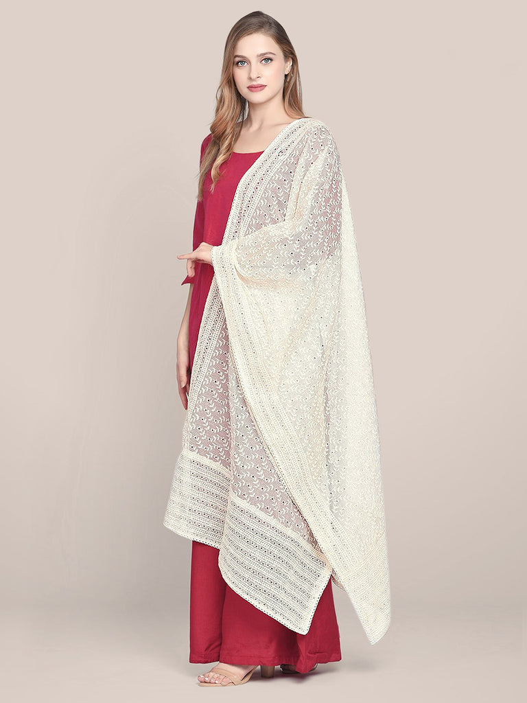 Off White Cotton Dupatta With Embroidery All Over freeshipping - Dupatta Bazaar