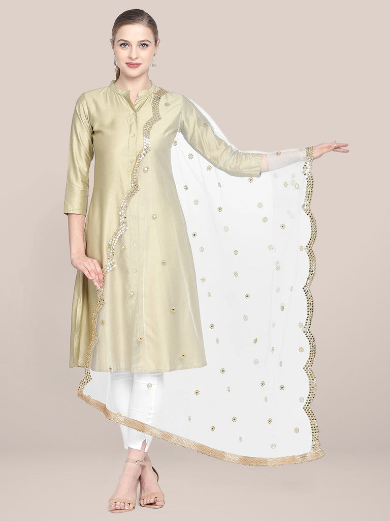 Embellished White Net Dupatta with Scallops. freeshipping - Dupatta Bazaar