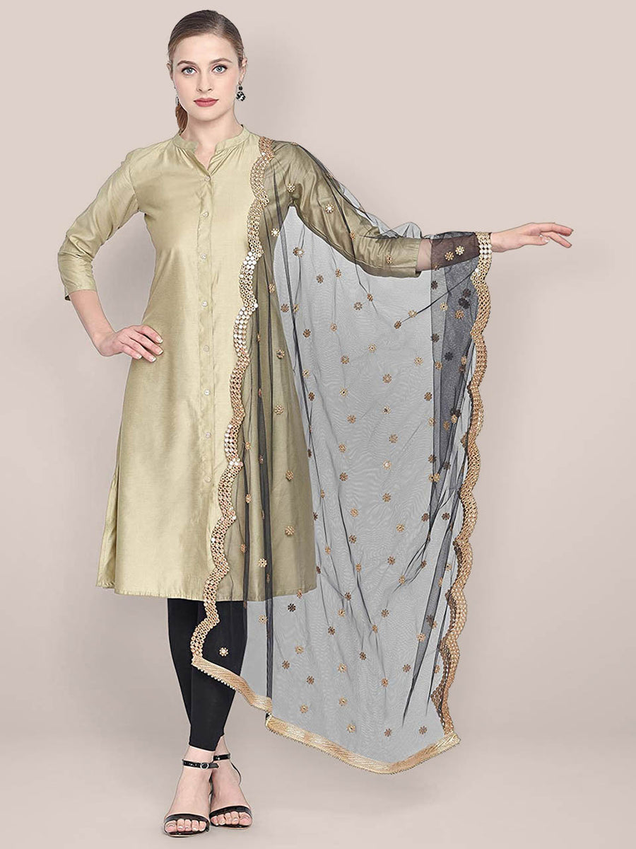 Embellished Black Net Dupatta with Scallops. Dupatta Bazaar