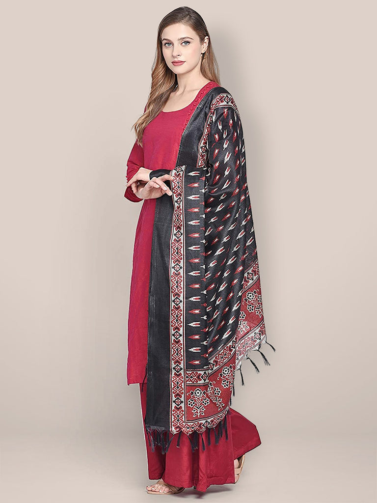 Printed Black & Red Art Silk Dupatta freeshipping - Dupatta Bazaar