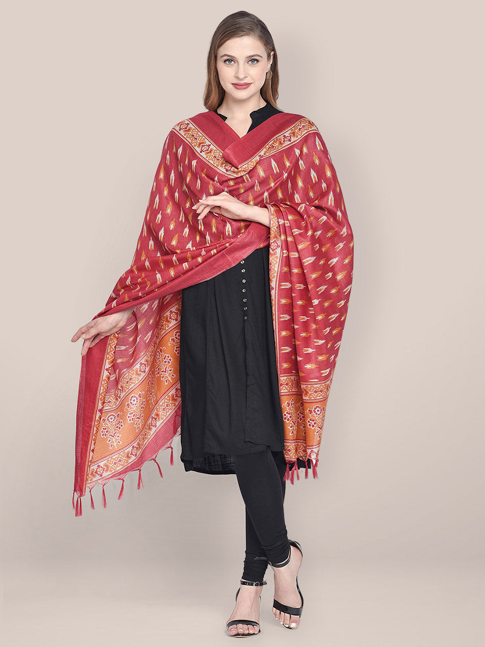 Red Embellished Silk Blend Dupatta main image 1