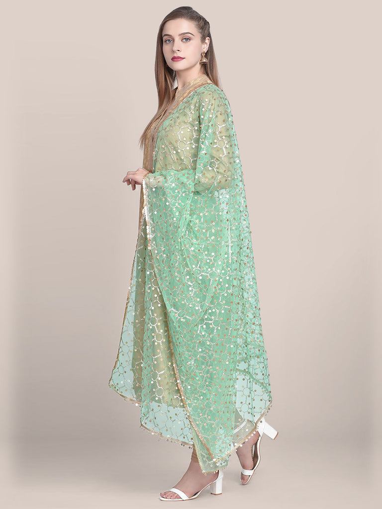 Embellished Sea Green & Gold Net Dupatta freeshipping - Dupatta Bazaar