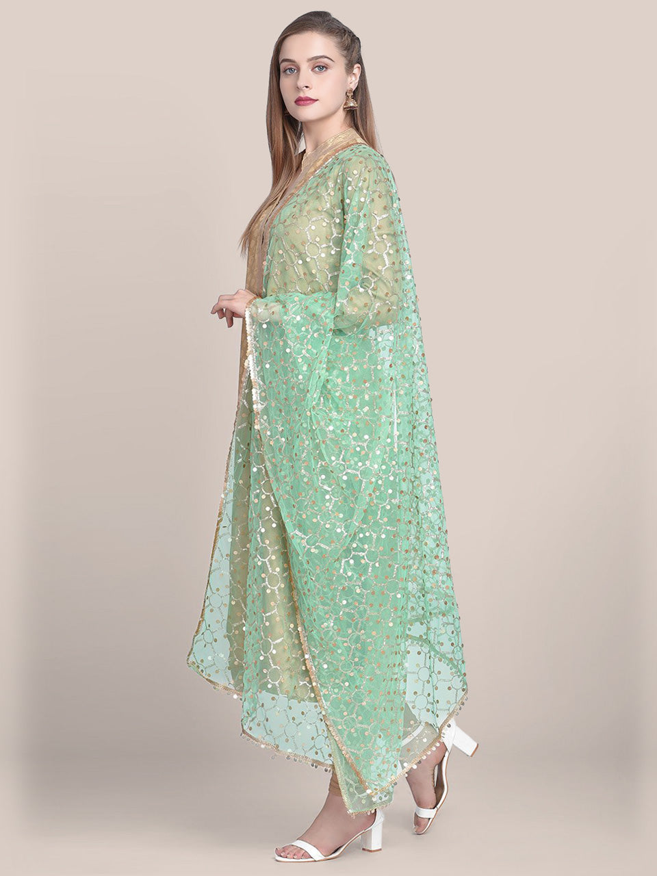 Bottle Green Embellished Net Dupatta with Sequinned main image 0