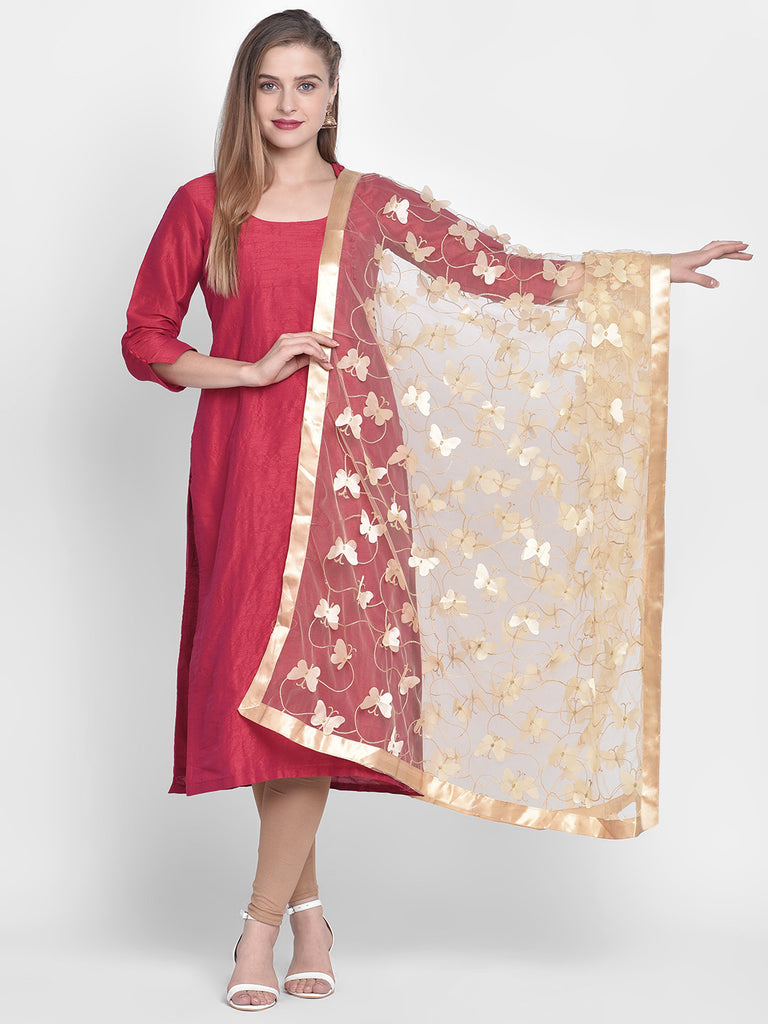 Dupatta Bazaar Woman's Gold Net 3D Butterfly Dupatta. - Dupatta Bazaar