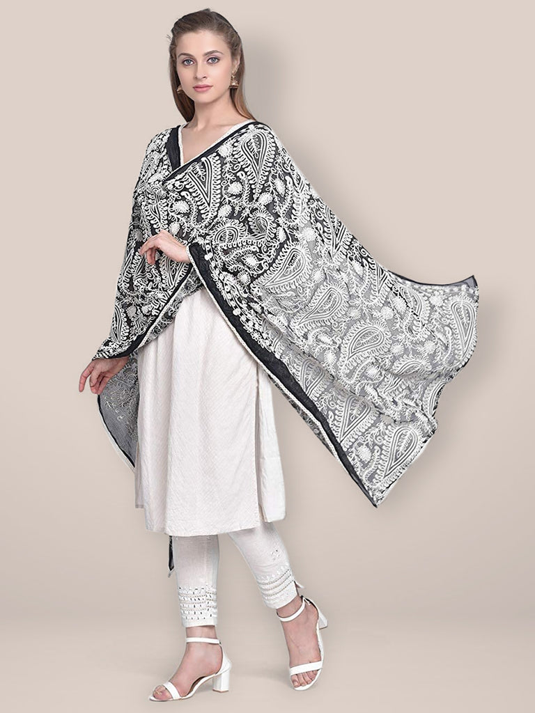 Embroidered Black & White Chiffon Dupatta freeshipping - Dupatta Bazaar