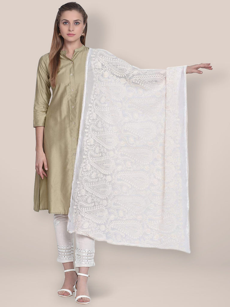 Embroidered White Chiffon Dupatta freeshipping - Dupatta Bazaar