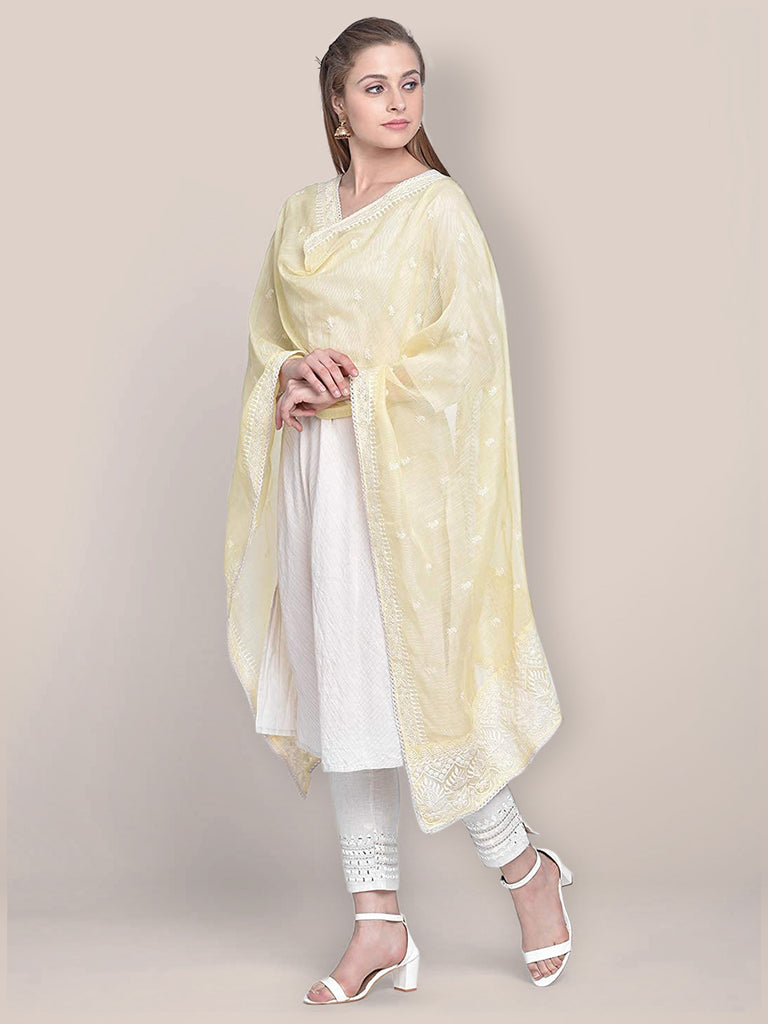 Embroidered Light Yellow Super Net Dupatta. freeshipping - Dupatta Bazaar