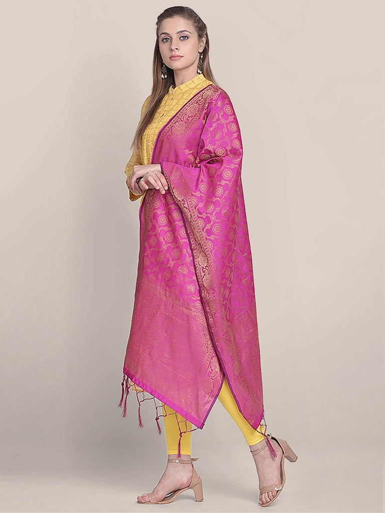 Pink Banarasi Silk Dupatta with floral design. freeshipping - Dupatta Bazaar