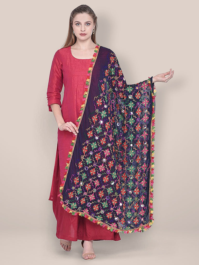 Ink Blue Phulkari  Dupatta with mirror work freeshipping - Dupatta Bazaar