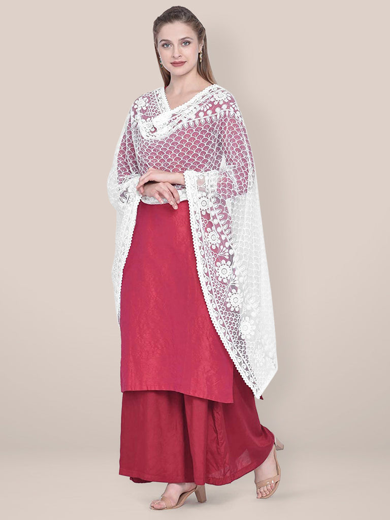 Dupatta Bazaar Woman's Embroidered White Net Dupatta. freeshipping - Dupatta Bazaar