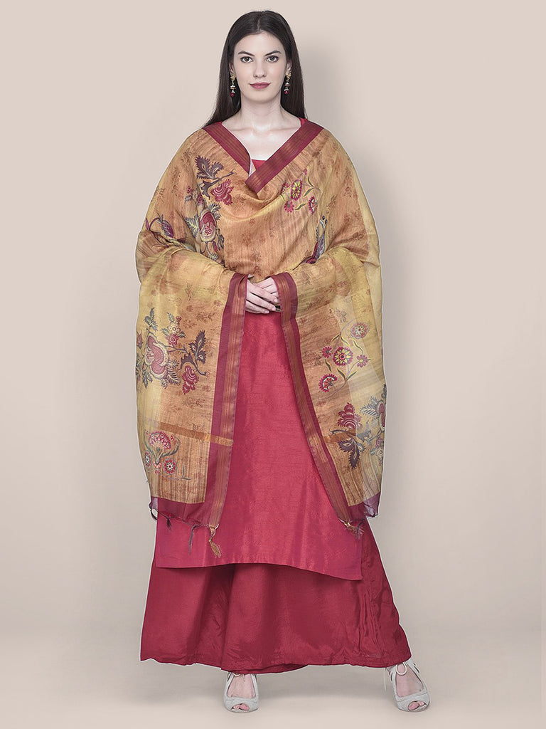 Yellow Digital Printed Silk Dupatta with floral design freeshipping - Dupatta Bazaar