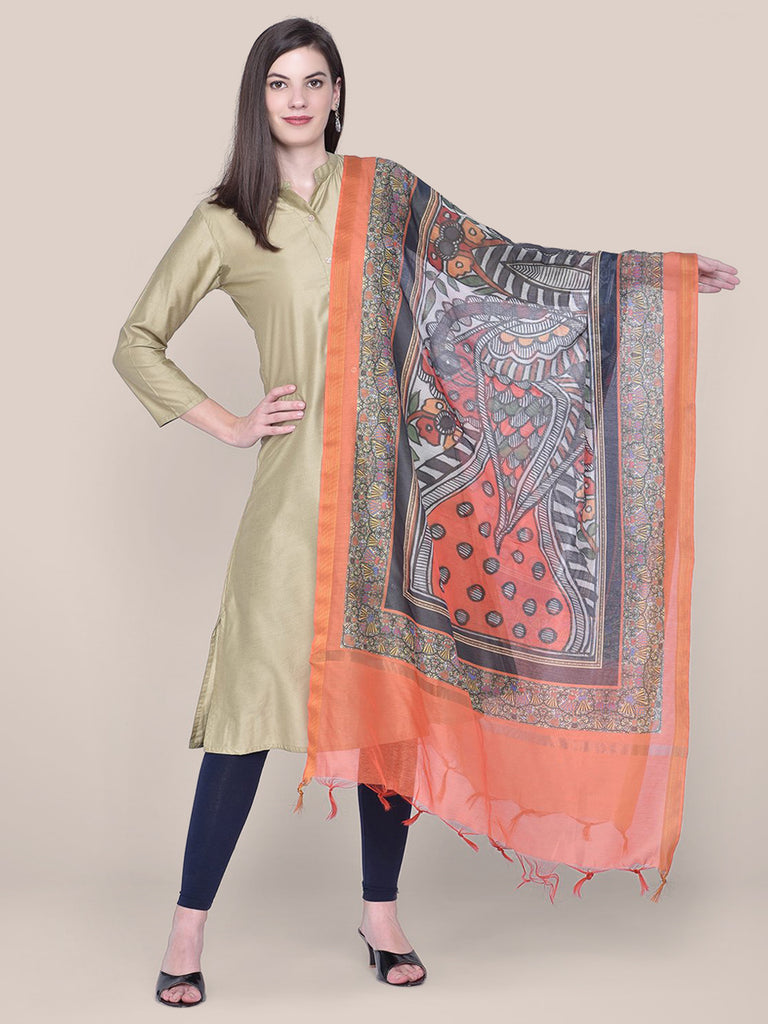 Digital Printed Orange Silk Dupatta freeshipping - Dupatta Bazaar