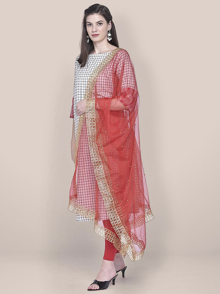 Embellished Red Net Dupatta Dupatta Bazaar
