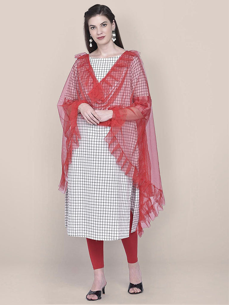 Red Net Dupatta with Ruffles freeshipping - Dupatta Bazaar