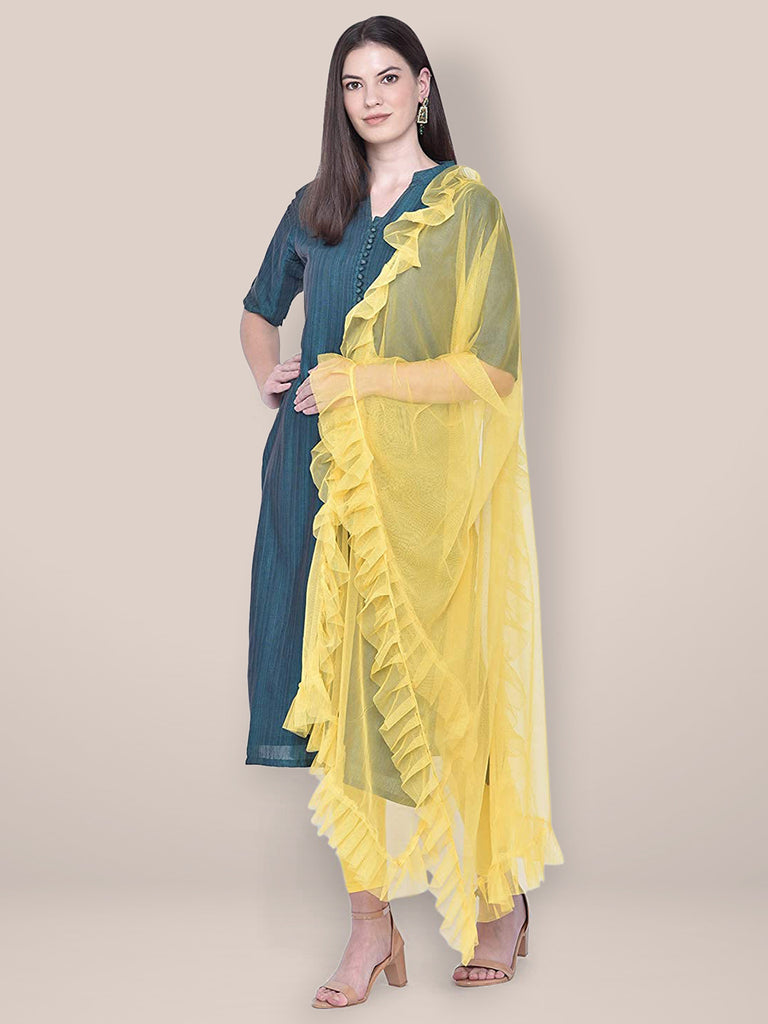 Yellow Net Dupatta with Ruffles freeshipping - Dupatta Bazaar
