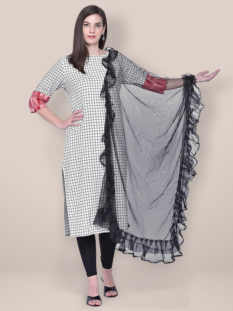 Dupatta Bazaar Woman's Black Net Dupatta with Ruffles freeshipping - Dupatta Bazaar