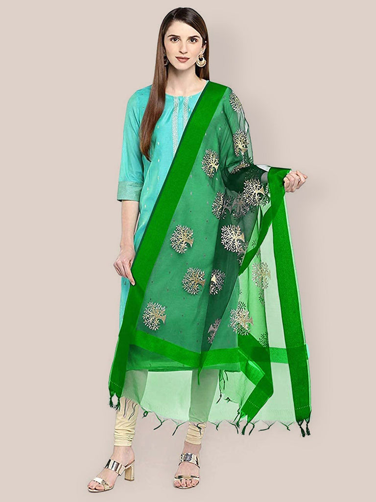 Bottle Green Organza Dupatta with Intricate Gold Zari Embroidery main image 1