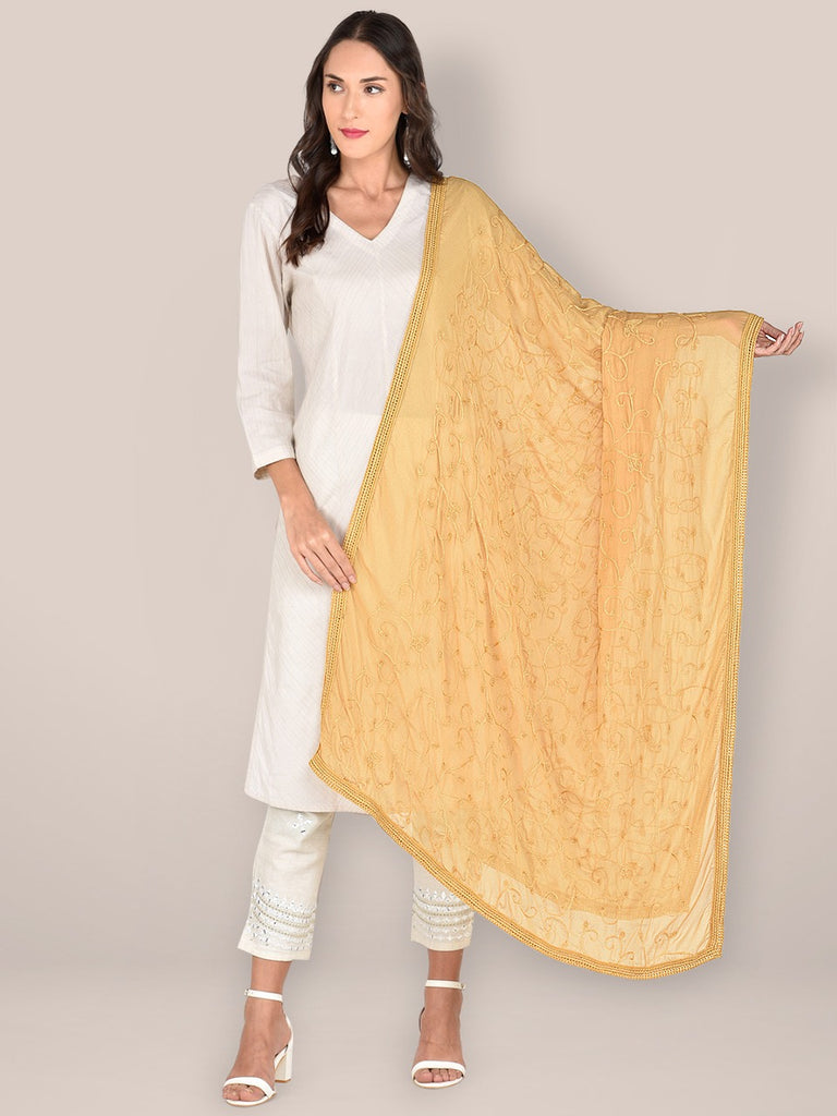 Beige Embroidered  Chiffon Dupatta freeshipping - Dupatta Bazaar