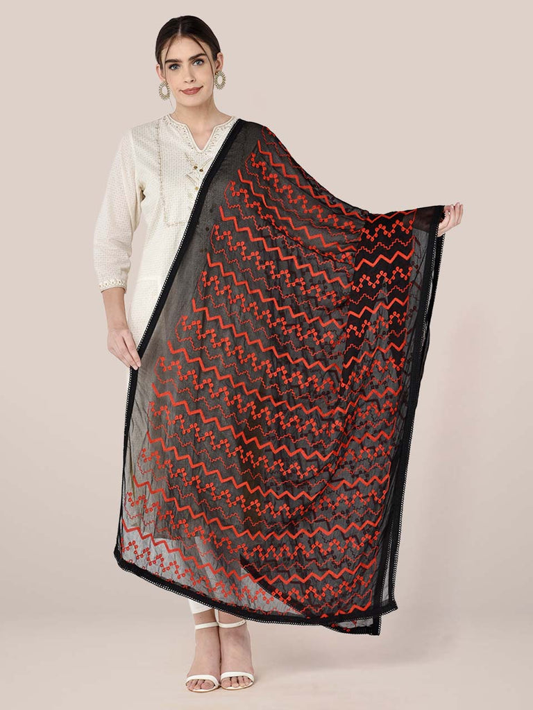 Black Chiffon Dupatta with Red Embroidery freeshipping - Dupatta Bazaar