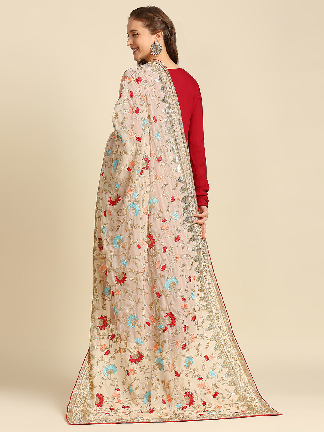 Peach Georgette Heavy Embroidered Dupatta