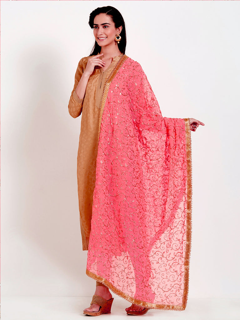 Dupatta Bazaar Woman's Coral & Gold Embroidered Georgette Dupatta - Dupatta Bazaar