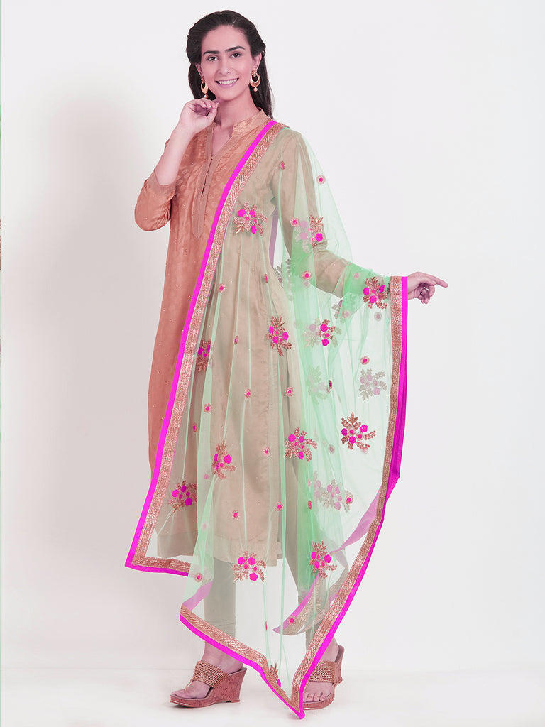 Dupatta Bazaar Woman's Mint Green & Multicolour flower Embroidered Net Dupatta - Dupatta Bazaar