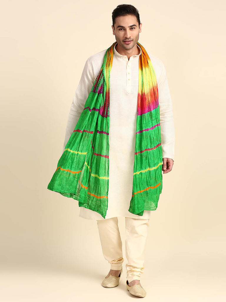Men's Green & Multicolour Tie & Dye Dupatta for Kurta/Sherwani/Achkan
