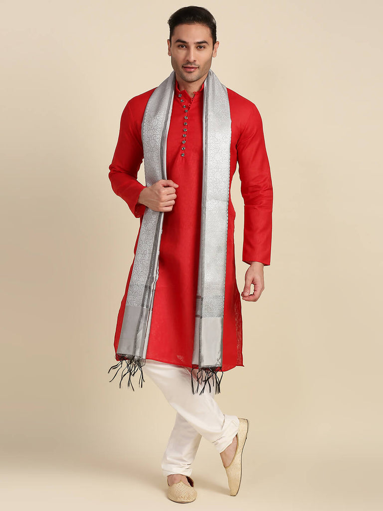 Men's Silver Banarasi Silk Dupatta for Kurta/Sherwani/Achkan