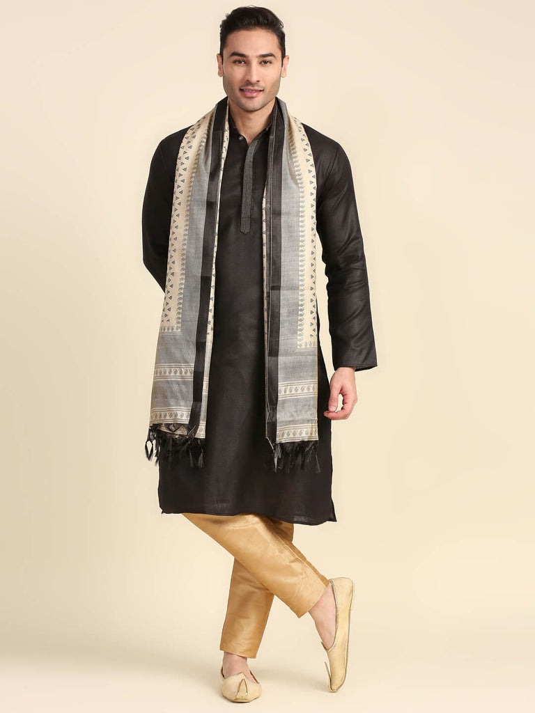 Men's Beige Printed Silk Dupatta for Kurta/Sherwani/Achkan