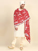 Men's Red & White Parsi Gara Work Dupatta for Kurta/Sherwani/Achkan