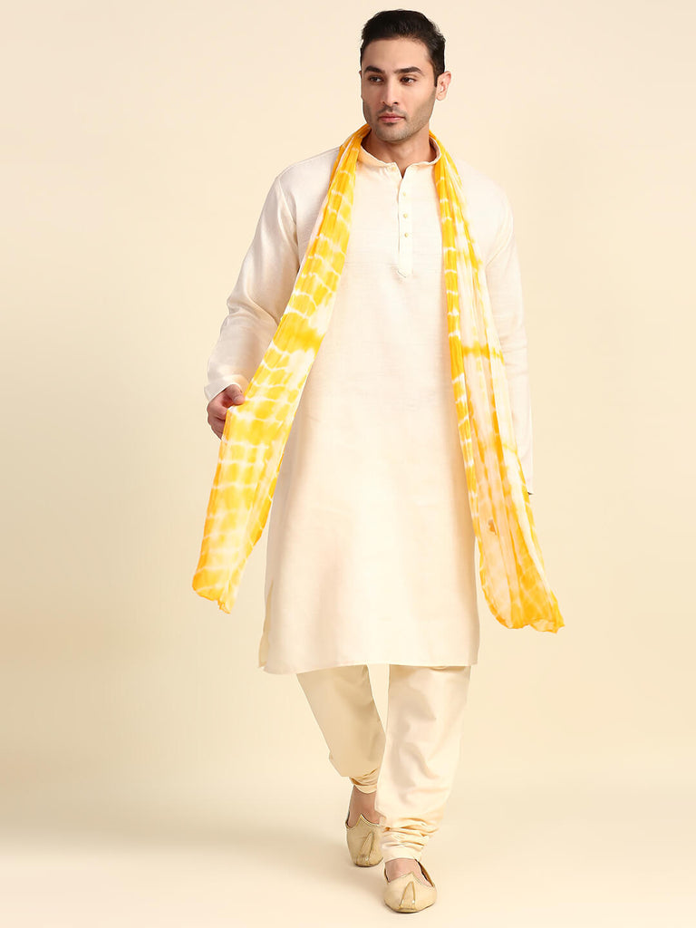 Men's Shibori Printed Yellow & White Dupatta for Kurta/Sherwani/Achkan