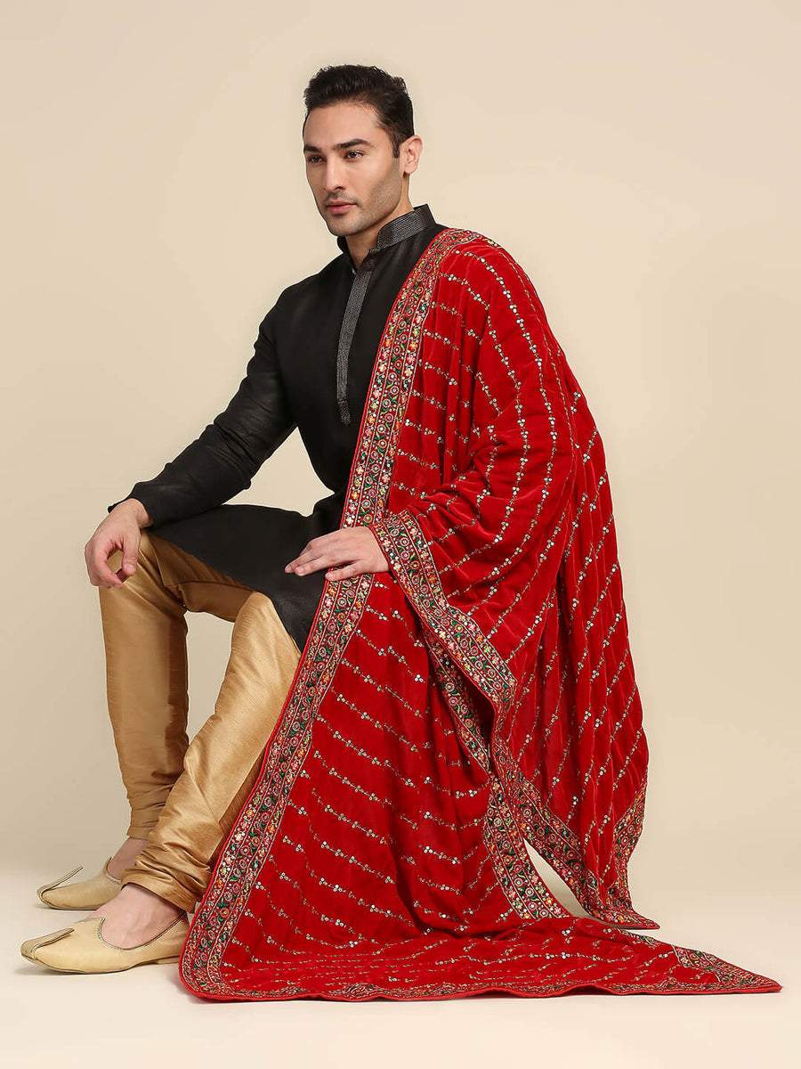 Men's Red Velvet Embroidered Dupatta for Kurta/Sherwani/Achkan ...