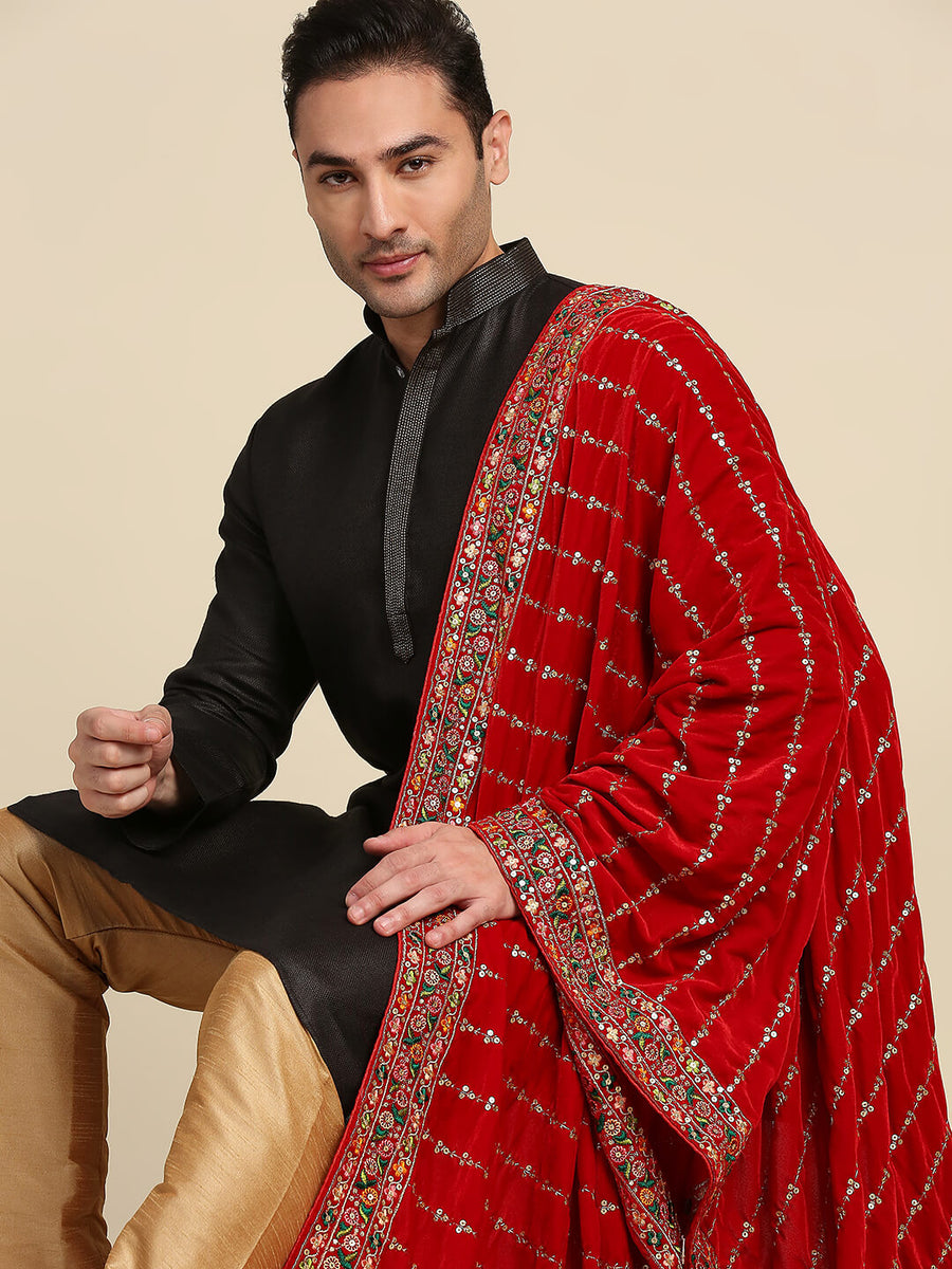 Men's Red Velvet Embroidered Dupatta for Kurta/Sherwani/Achkan ...
