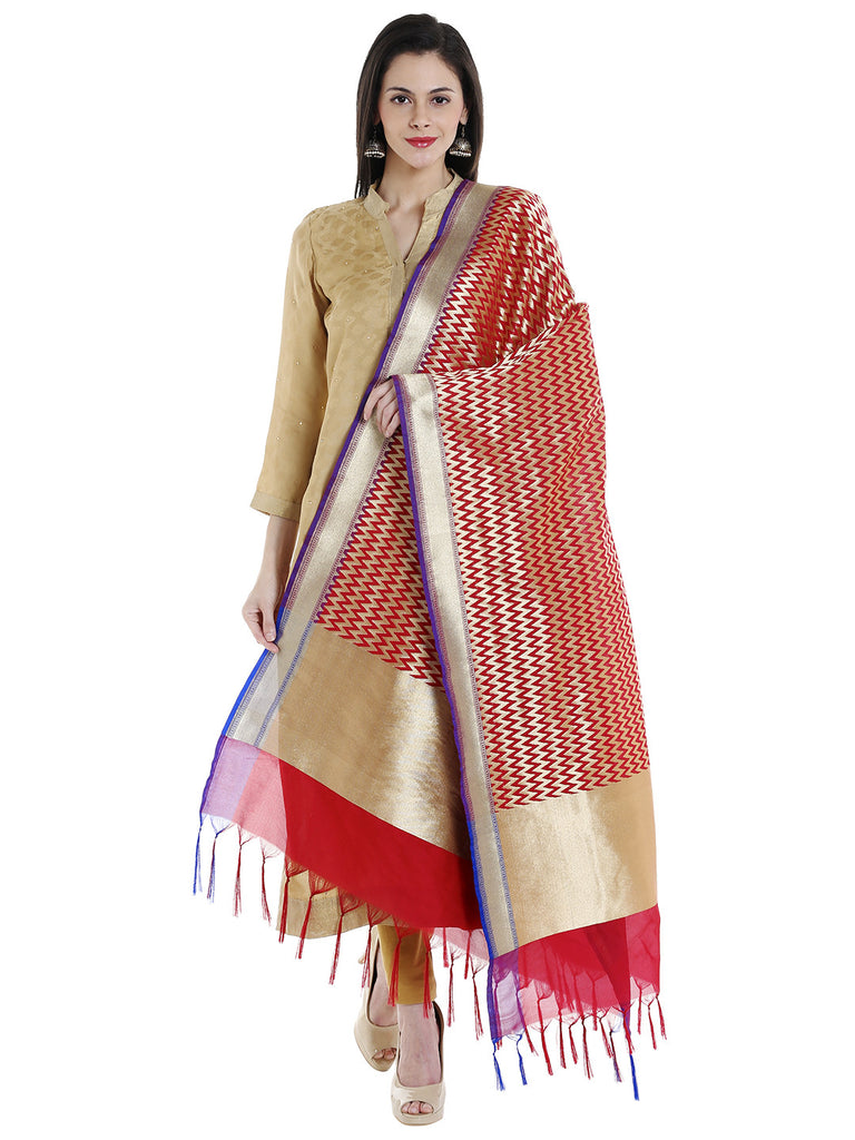 Dupatta Bazaar Woman's Red & Gold Woven Banarasi Silk  Dupatta - Dupatta Bazaar
