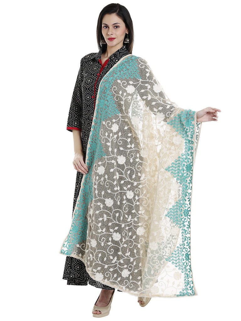 Dupatta Bazaar Woman's Ivory  & Aqua Blue Cotton Net Dupatta with all over Embroidery. - Dupatta Bazaar