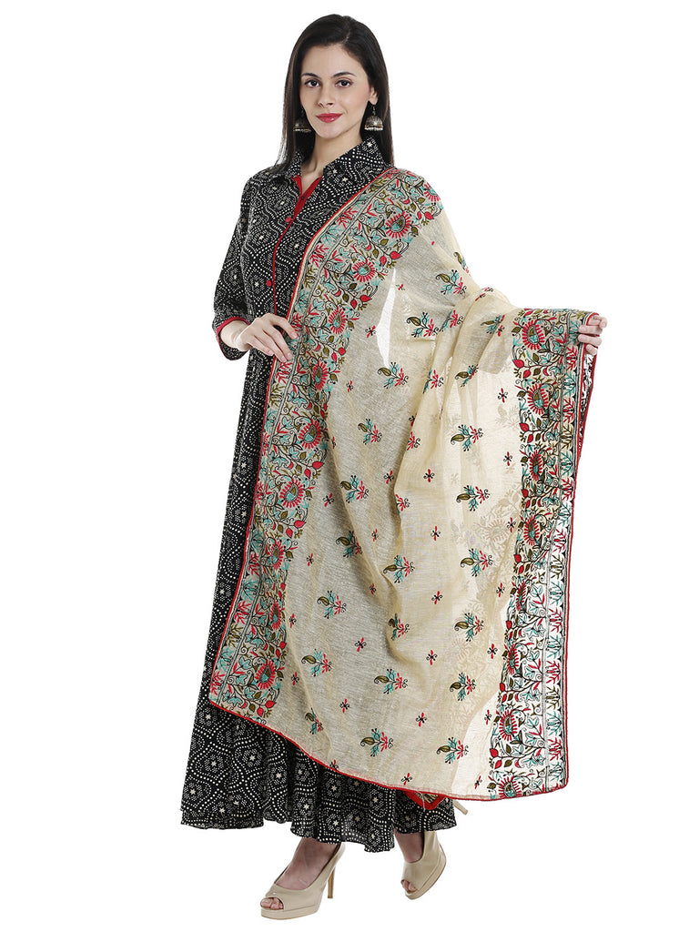 Dupatta Bazaar Woman's Ivory & Multicolour Cotton Silk Dupatta with all over Embroidery. - Dupatta Bazaar