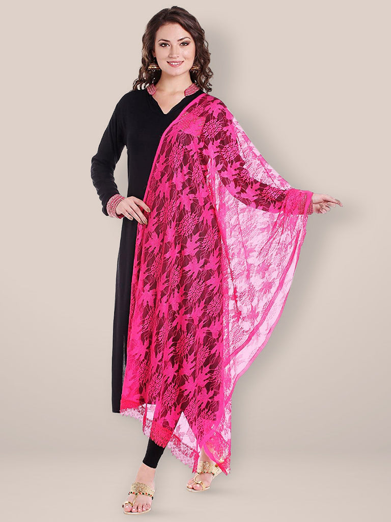 Pink Floral Net Dupatta freeshipping - Dupatta Bazaar