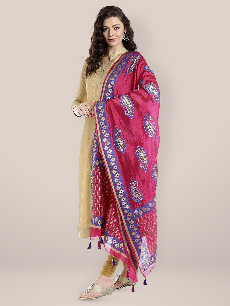 Pink & Blue Silk  Printed Dupatta . freeshipping - Dupatta Bazaar
