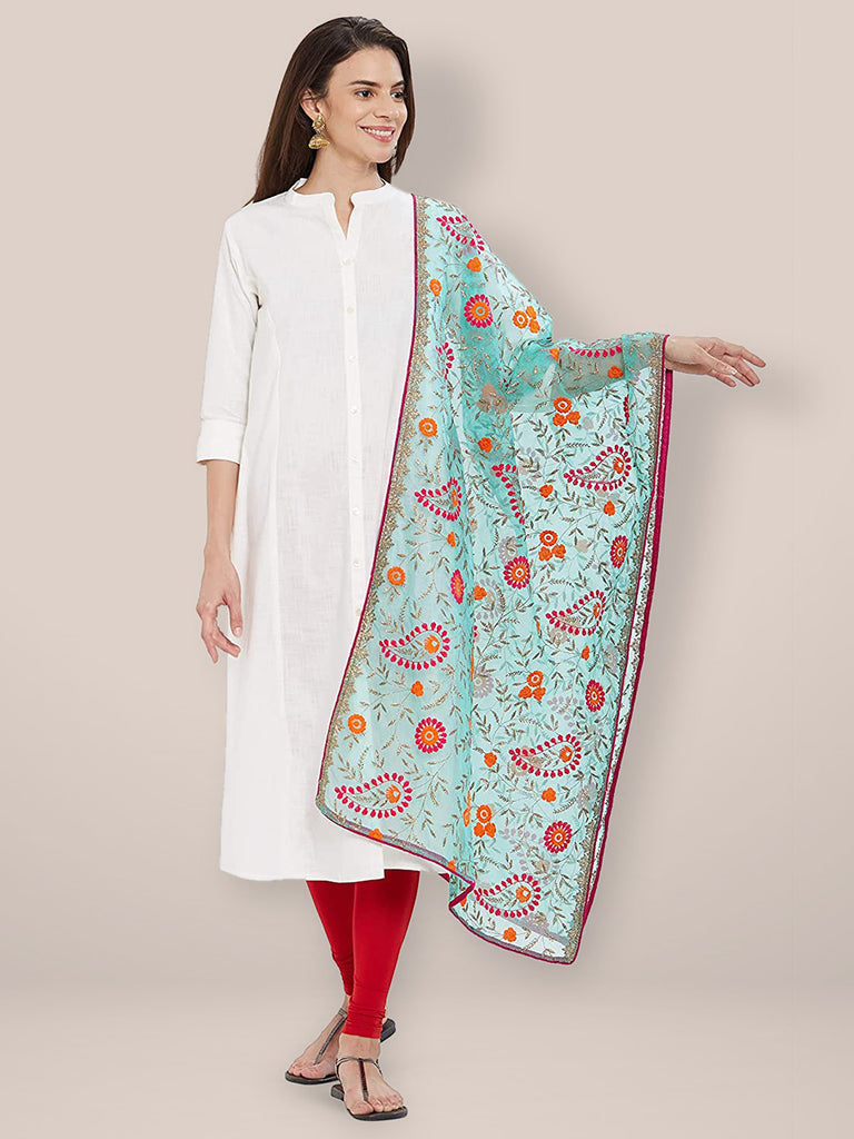 Multicoloured Paisley  Embroidered Organza Dupatta freeshipping - Dupatta Bazaar